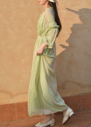 French Green Ruffled Embroidered Chiffon Dress Summer