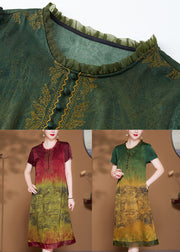 French Green Ruffled Pockets Patchwork Silk Dress Summer