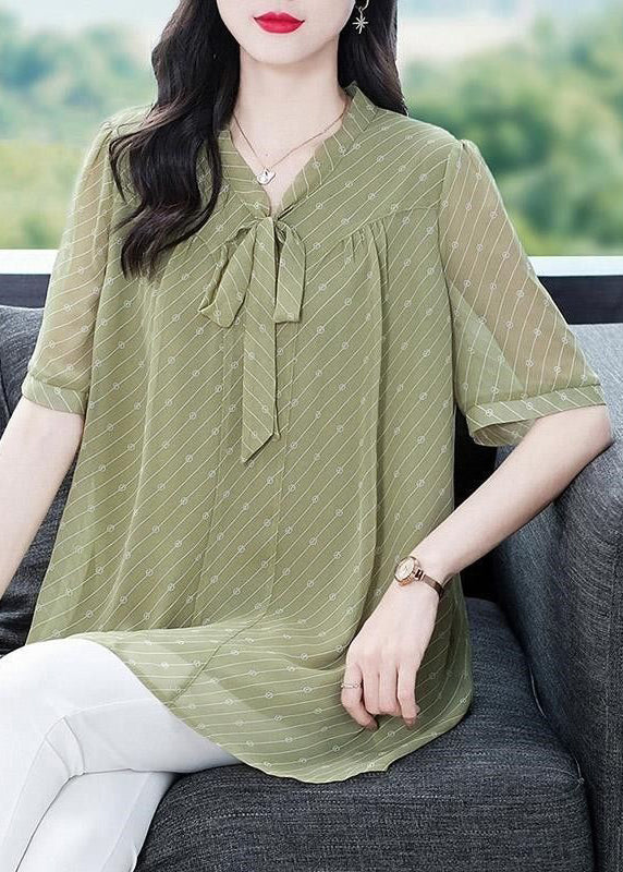 French Green V Neck Lace Up Chiffon Shirt Summer