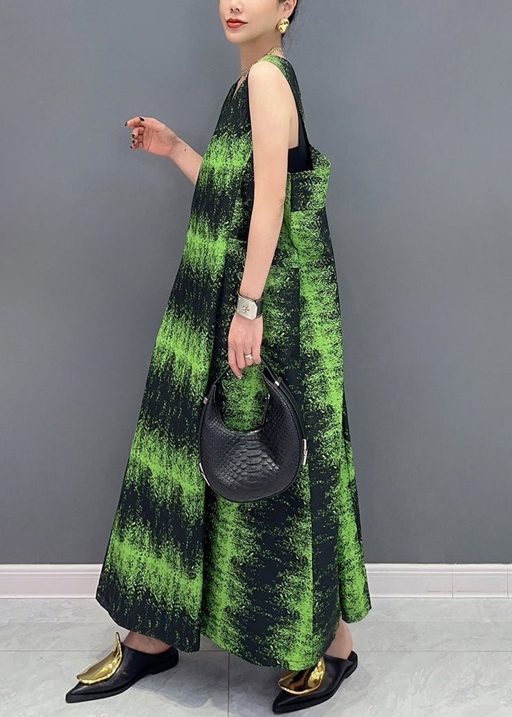 French Green V Neck Print Pockets Cotton Long Dress Sleeveless