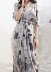 French Grey Print Tie Waist Silk Maxi Dresses Half Sleeve