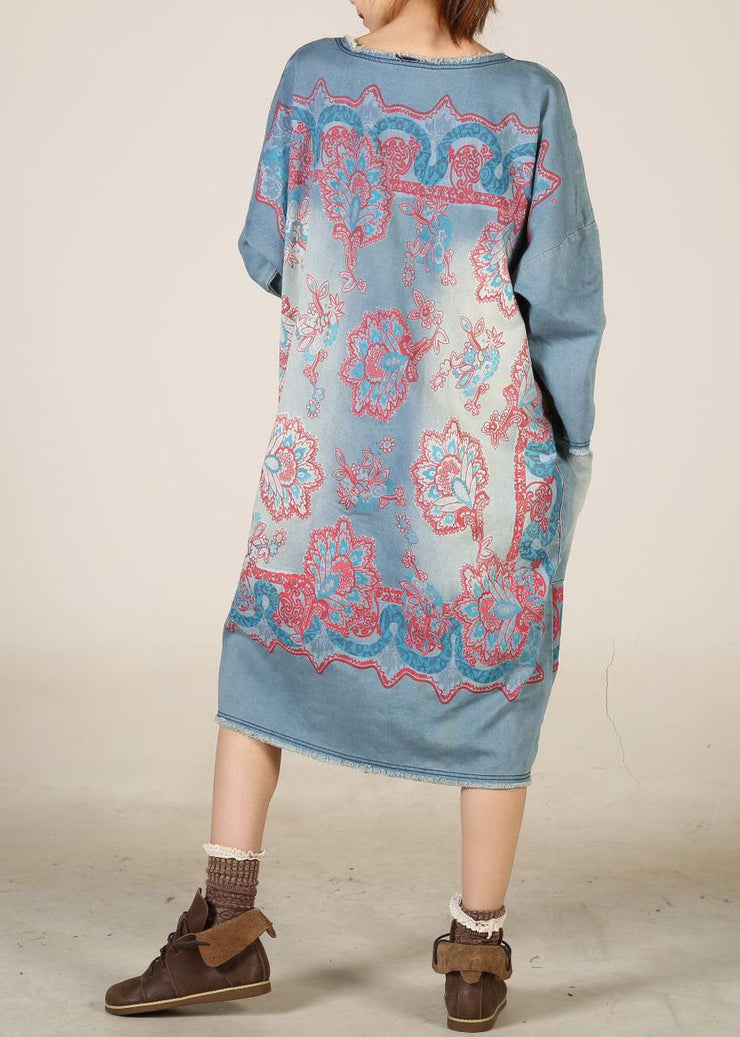 French Light Blue O Neck Pockets Patchwork Print Denim Dresses Spring