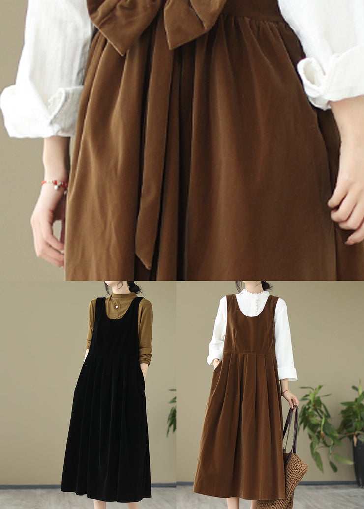 French Light Brown U Neck Bow Velour Strap Dress Spring