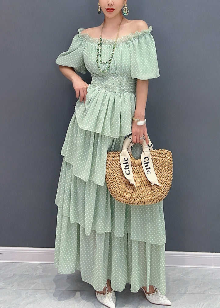 French Light Green Cold Shoulder Ruffled Patchwork Chiffon Dress Summer