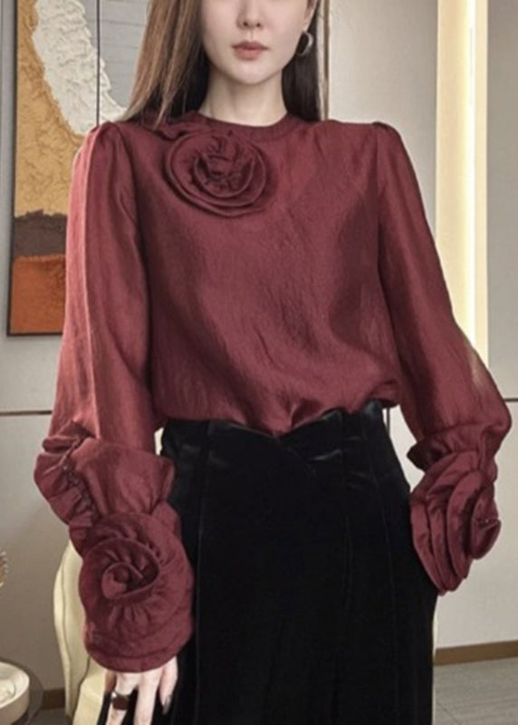 French Mulberry O-Neck Floral Silk Velour Top Spring