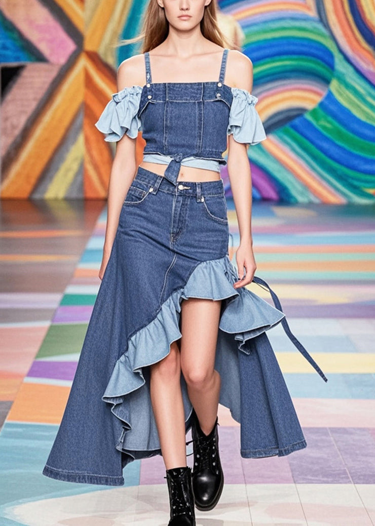 French Navy Asymmetrical Patchwork Ruffles Denim Skirts Fall