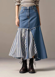 French Navy Asymmetrical Patchwork Striped Denim Skirt Spring