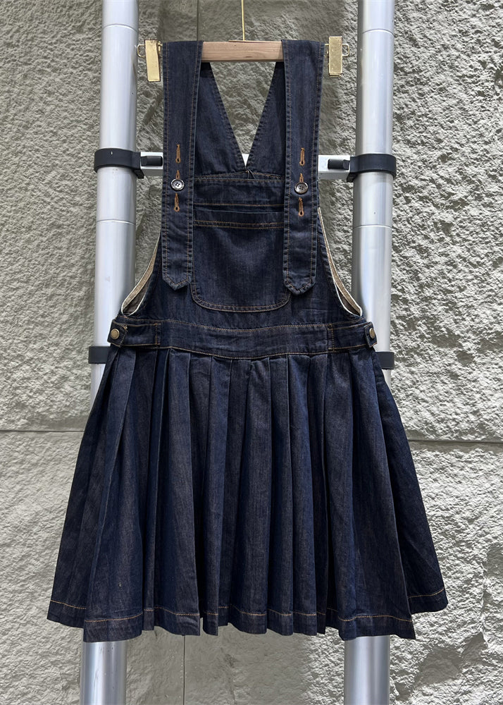 French Navy Button Wrinkled Denim Jumpsuit Sleeveless