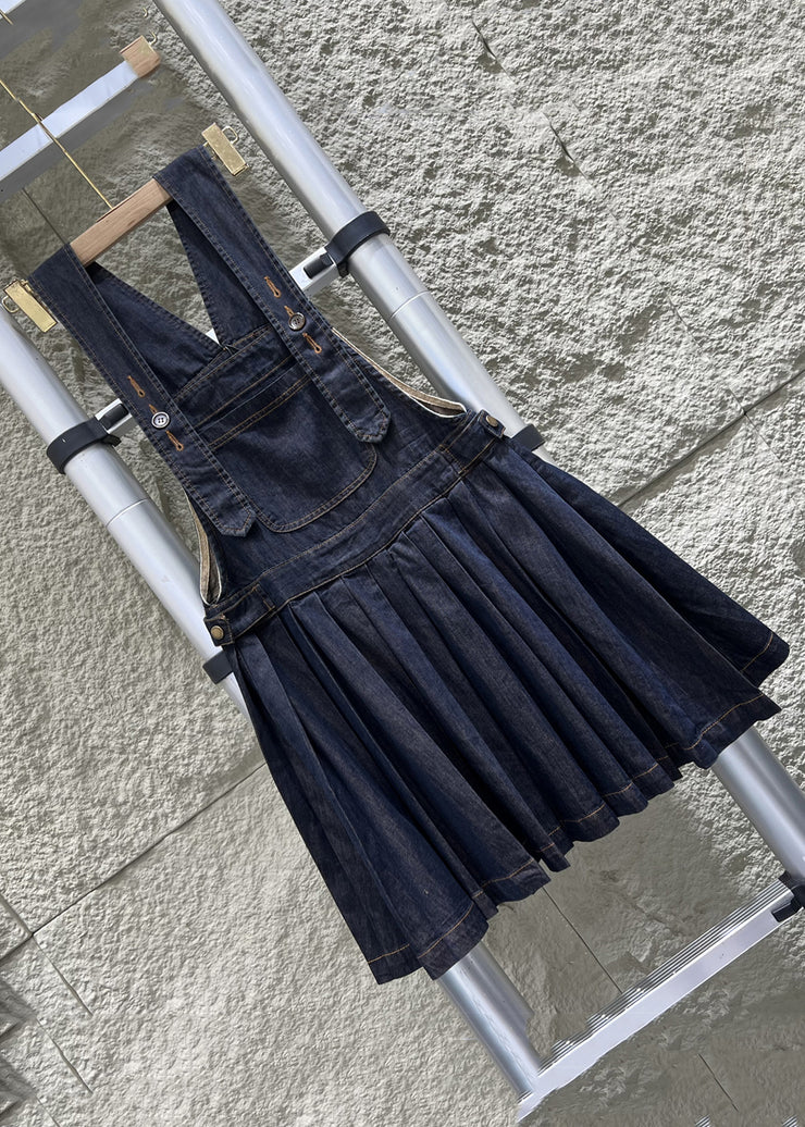 French Navy Button Wrinkled Denim Jumpsuit Sleeveless