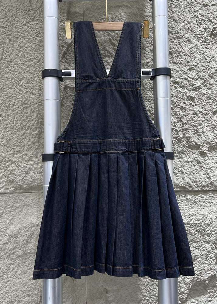 French Navy Button Wrinkled Denim Jumpsuit Sleeveless