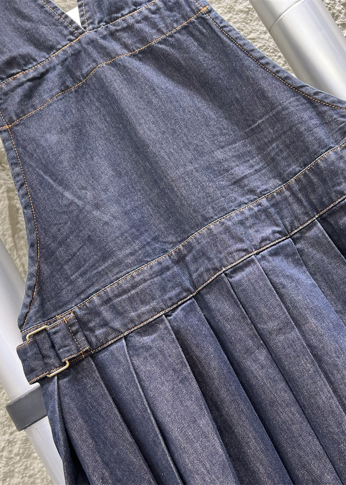 French Navy Button Wrinkled Denim Jumpsuit Sleeveless