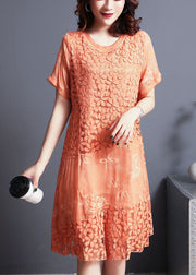 French Orange Embroidered Patchwork Lace Dress Summer