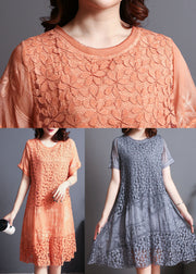 French Orange Embroidered Patchwork Lace Dress Summer