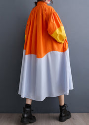 French Orange Peter Pan Collar Patchwork Wrinkled Maxi Shirts Dresses Spring