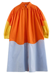 French Orange Peter Pan Collar Patchwork Wrinkled Maxi Shirts Dresses Spring