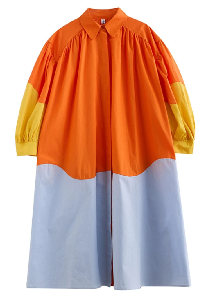 French Orange Peter Pan Collar Patchwork Wrinkled Maxi Shirts Dresses Spring