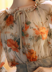 French Orange Ruffled Print Chiffon Blouses Lantern Sleeve