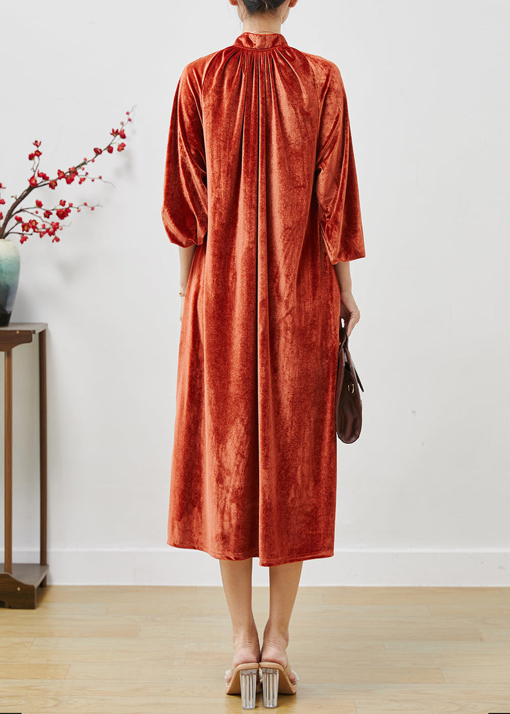 French Orange Stand Collar Silk Velvet Long Dresses Fall