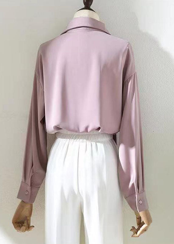 French Pink Bow Solid Chiffon Shirts Long Sleeve