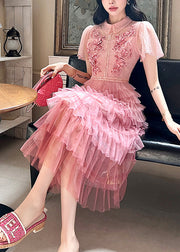 French Pink Embroidered Ruffled Patchwork Tulle Dresses Summer