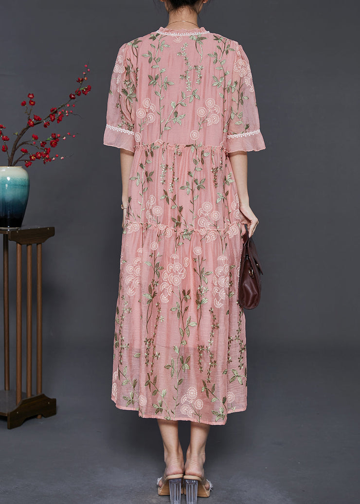 French Pink Ruffled Embroidered Silk Maxi Dresses Summer