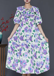 French Purple Peter Pan Collar Floral Cotton Maxi Dresses Summer