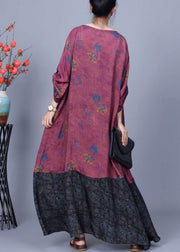 French Purple Red Print Pockets Patchwork Cotton Long Dresses Spring