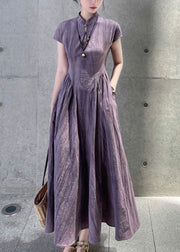 French Purple Stand Collar Pockets Linen Dress Summer