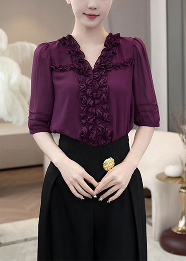 French Purple V Neck Ruffled Patchwork Cotton Chiffon Tops Summer