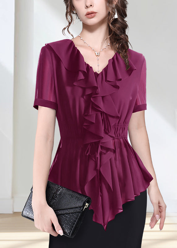 French Rose Ruffled Tie Waist Chiffon Tops Short Sleeve