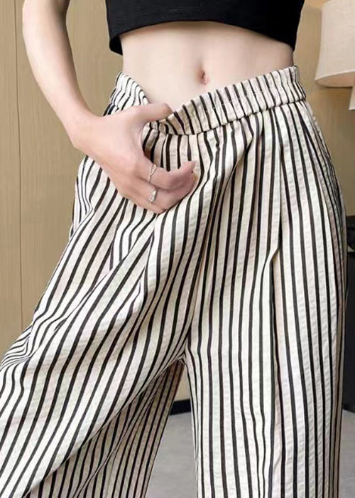 French Striped Pockets Elastic Waist Cotton Pants Summer