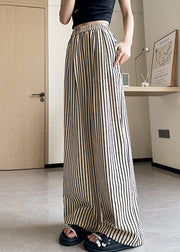 French Striped Pockets Elastic Waist Cotton Pants Summer