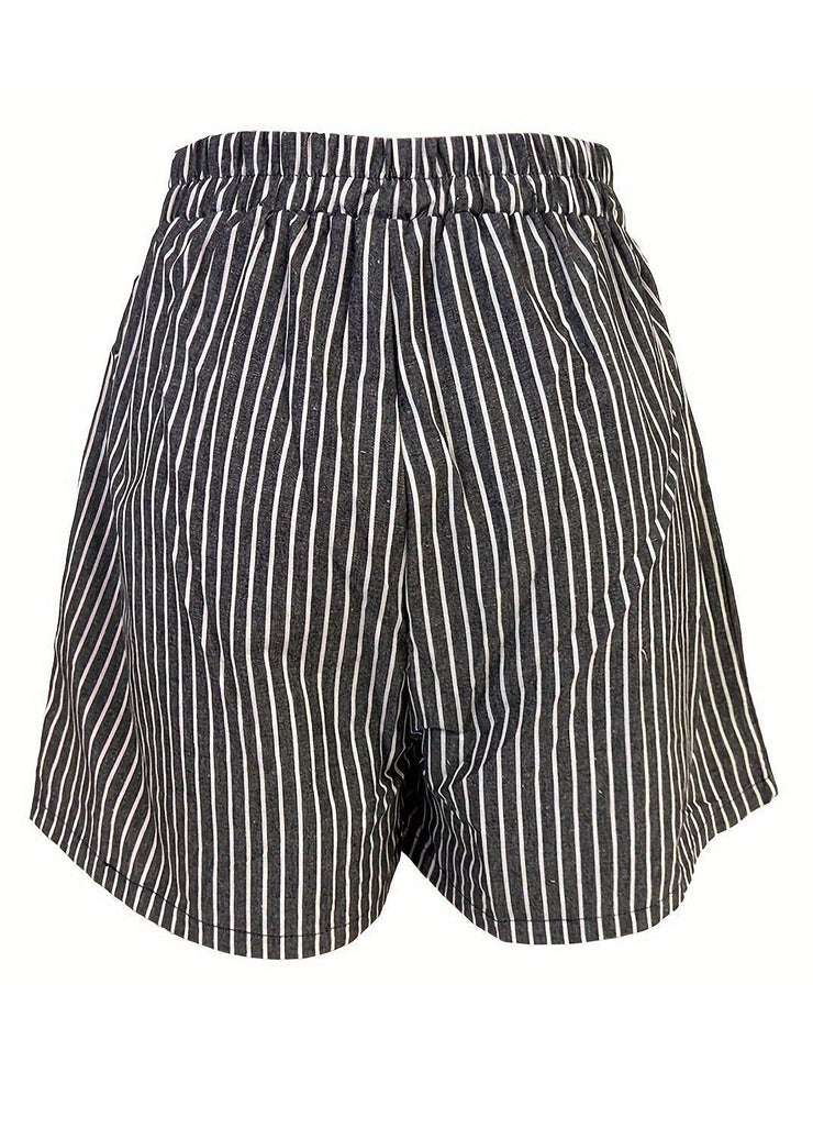 French Striped Pockets Elastic Waist Cotton Shorts Summer