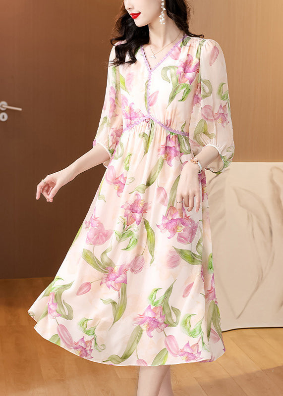 French V Neck Print Silk Dresses Lantern Sleeve