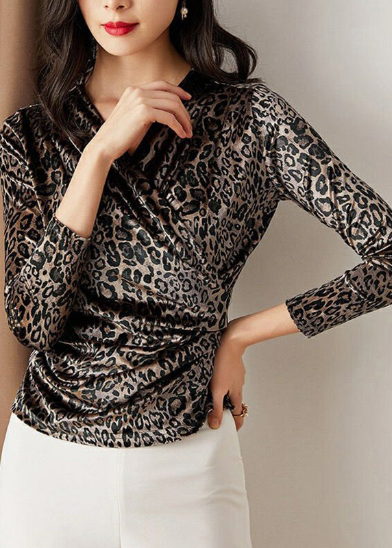 French V Neck Print Silk Velour Top Long Sleeve