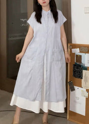 French White Button Pockets Cotton Shirts Dresses Summer