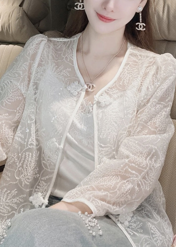 French White Embroidered Button Sequins Lace Coat Summer