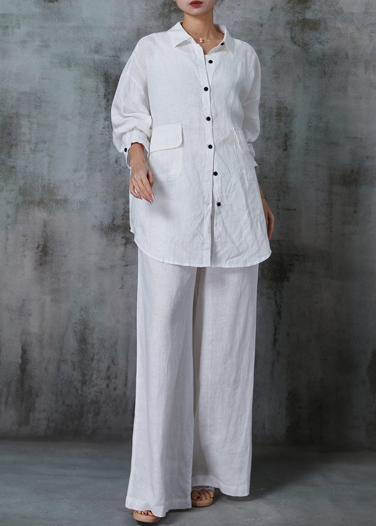 French White Oversized Pockets Cotton Two Pieces Set Summer