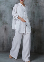 French White Oversized Pockets Cotton Two Pieces Set Summer