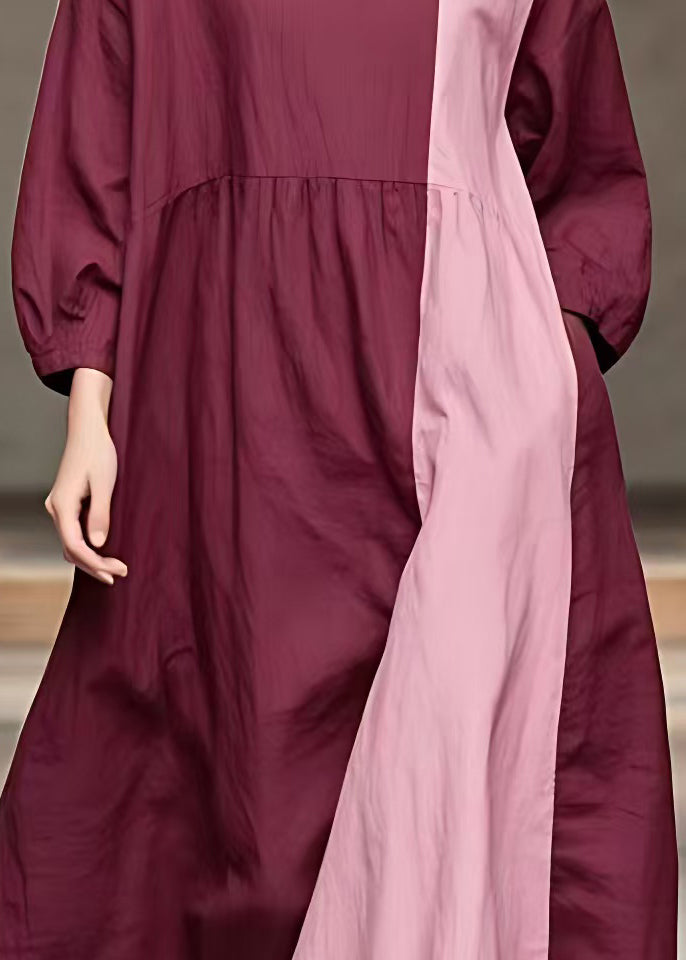 French Wine Red Pockets Patchwork Cotton Long Dress Long Sleeve