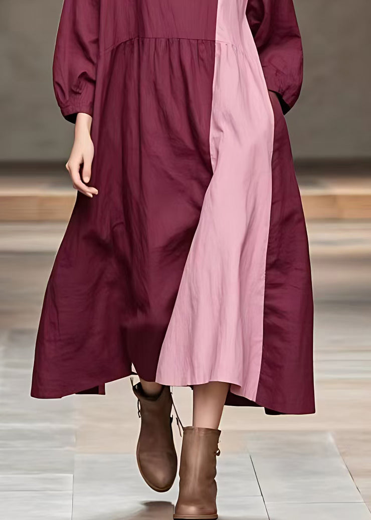 French Wine Red Pockets Patchwork Cotton Long Dress Long Sleeve