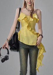 French Yellow Asymmetrical Ruffled Cotton Spaghetti Strap Tank Sleeveless