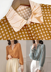 French Yellow Peter Pan Collar Dot Chiffon Blouse Spring