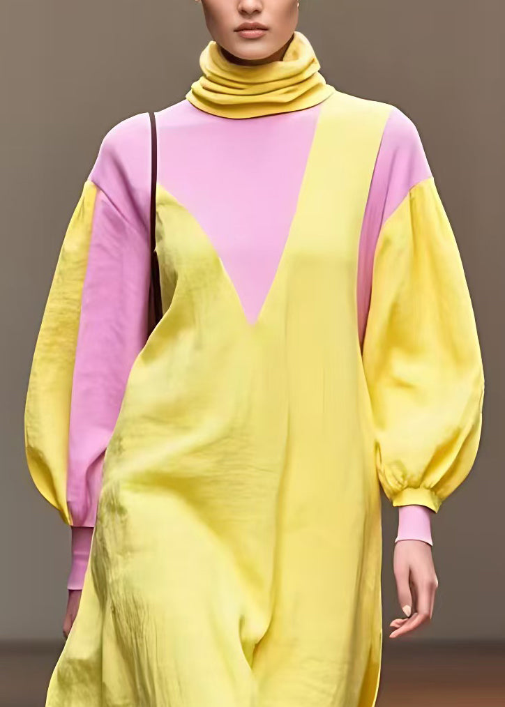 French Yellow Turtleneck Patchwork Cotton Dresses Fall