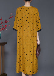 French Yellow V Neck Print Linen Dresses Summer