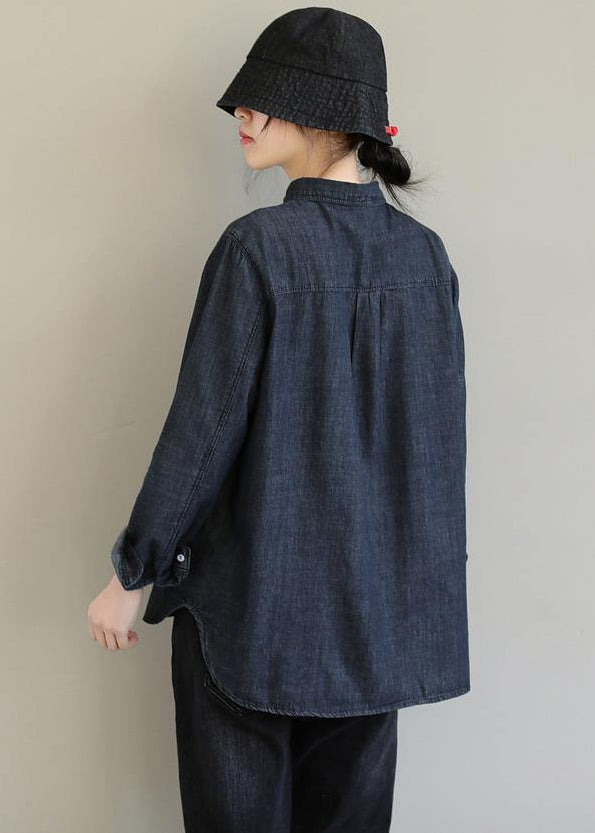 French Denim Black Top Lapel Pockets Baggy Spring Blouses