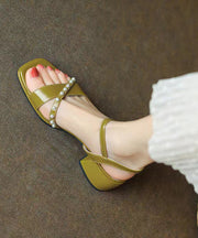 Green Chunky Heel Faux Leather Beautiful Splicing Nail Bead Sandals