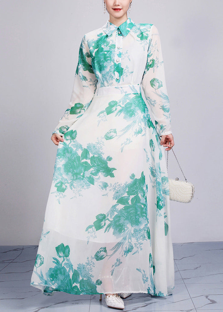 Green High Waist Chiffon Robe Dresses Peter Pan Collar Fall