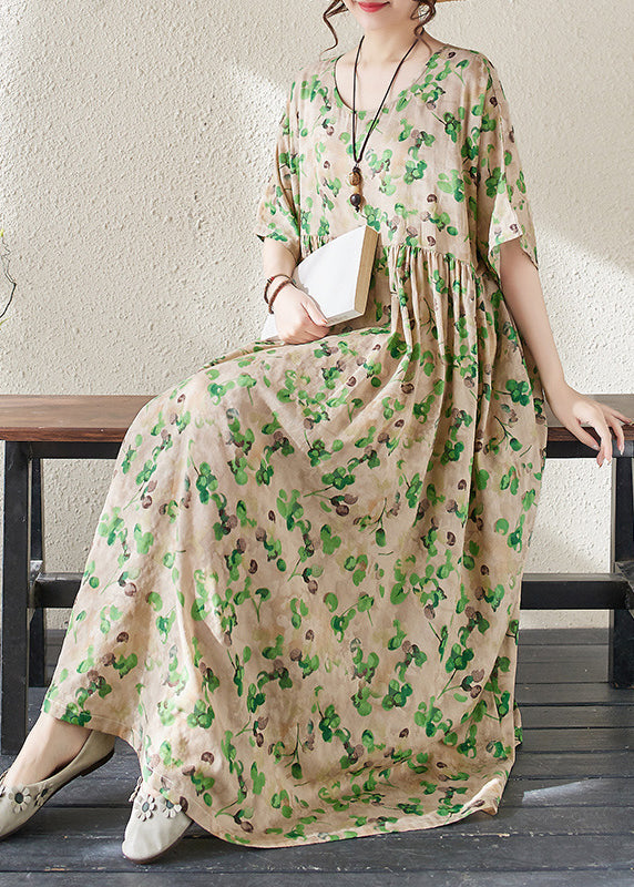 Green O-Neck Print Long Dresses Summer