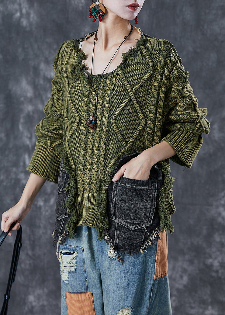 Green Patchwork Denim Knit Ripped Sweaters Asymmetrical Winter